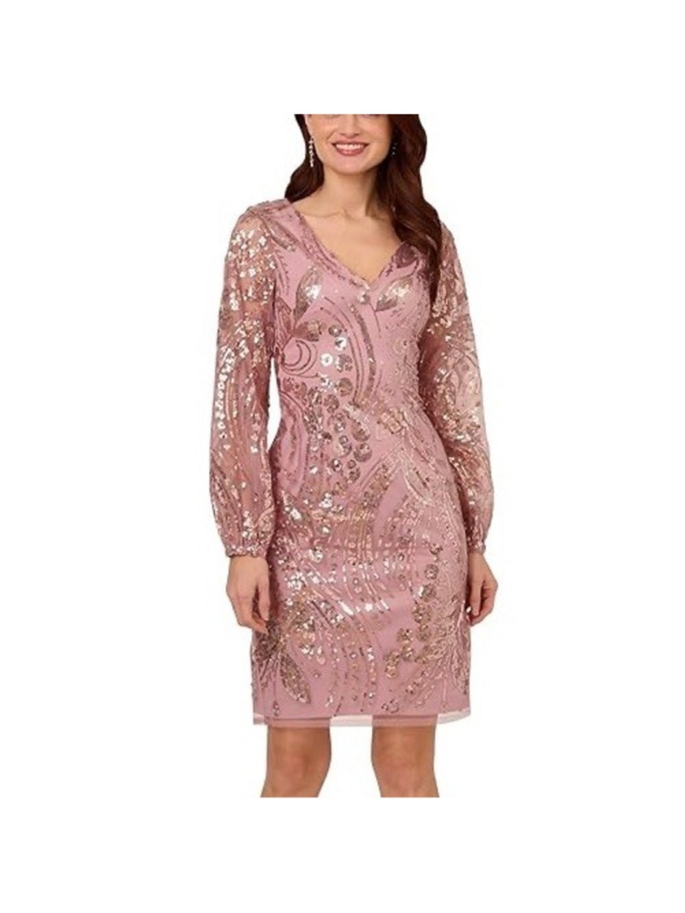 Adrianna Papell Pink Sequin Blouson Sleeve Sheath Cocktail Dress Wedding - Picture 1 of 9